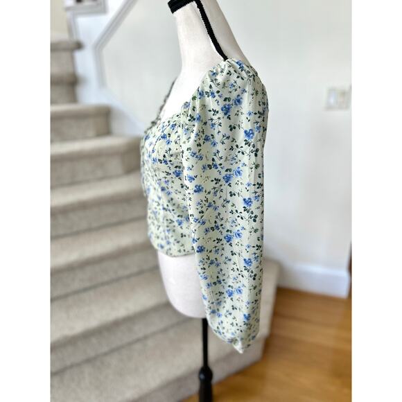 Abercrombie Light Green & Blue Ditzy Floral Puff Sleeve Cottagecore Blouse - Picture 5 of 8